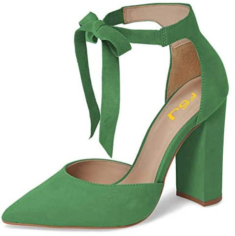 FSJ Women Faux Suede Chunky Block Heel Pump D'Orsay Pointed Toe Ankle Strap Lace Up Sandals Size 4-15 US