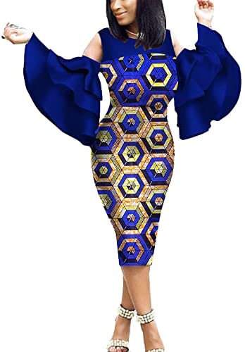African Print Women Dress Long Flare Sleeves Knee-Length Pencil Ankara Party Dress Dashiki Traditional Costume
