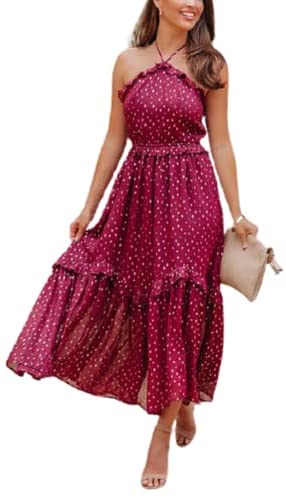 Womens Sexy Sleeveless Halter Neck Backless Floral Polka Dots Print Ruffle Tiered Boho Chiffon Flowy Long Maxi Dress