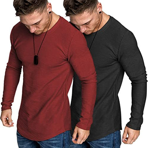 Men 2 Pack Muscle Fitted T Shirt Gym Workout Athletic Long Sleeves Tee