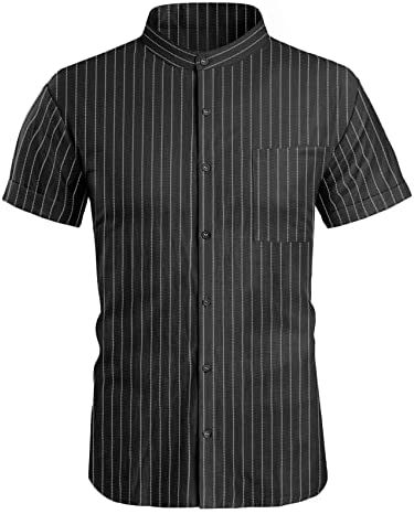 Men's Casual Mandarin Collar Shirts Button Down Vertical Stripes Short Sleeve Tops Shirt with Chest Pocket