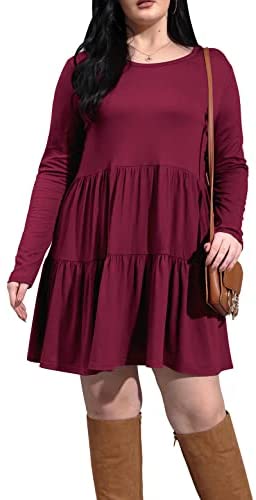 Plus Size Dress Long Sleeve Tiered Midi Dresses for Women Casual Fall Loose Party Knee Length Tshirt Dresses