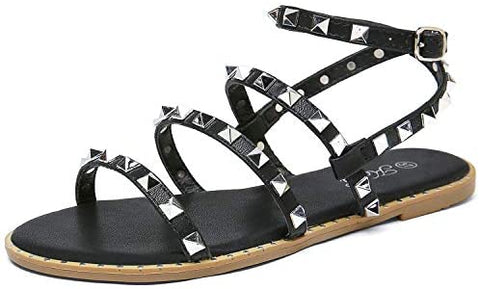 Katliu Women's Flat Sandals Strappy Studded Sandals Gladiator Sandals with Ankle Strap
