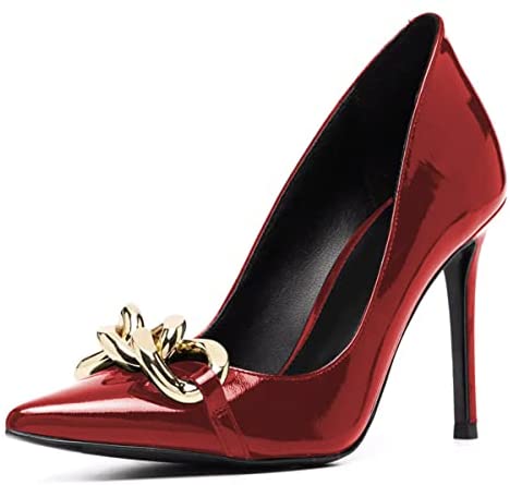 FSJ Women Fashion Pointed Toe Stilleto Heels Dress Pumps Metal Chain Slip On Wide Width High Heel Pumps Evening Party Shoes Size 4-15 US