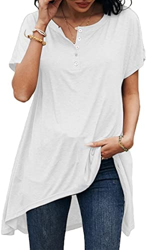 Dyexces Womens V Neck Tops Short Sleeve Shirts Casual Loose Button Collar Irregular Hem Tshirt