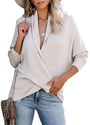 Women Casual Knitted V Neck Sweaters Long Sleeve Cross Wrap Front Asymmetric Hem Solid Pullover Top