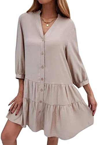 Dyexces Womens Long Sleeve Shift Dress V-Neck Button Up A-Line Midi Dress Summer Casual Loose Swing Tunic Dress