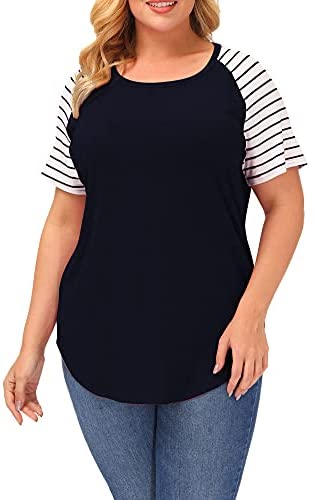 Plus Size Tops Women Stripe Short Sleeve Summer Casual Raglan T Shirts