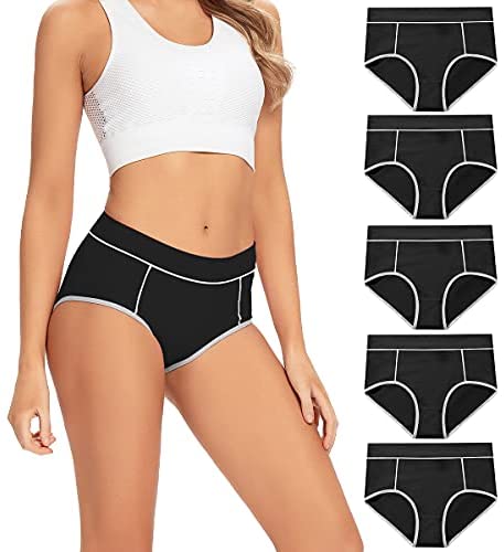 POKARLA Women's Cotton Stretch Underwear Ladies Mid-high Waisted Briefs Panties 5-Pack