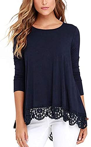 Women's O Neck Long Short Sleeve Solid Blouses Lace Trim A Line Shirts