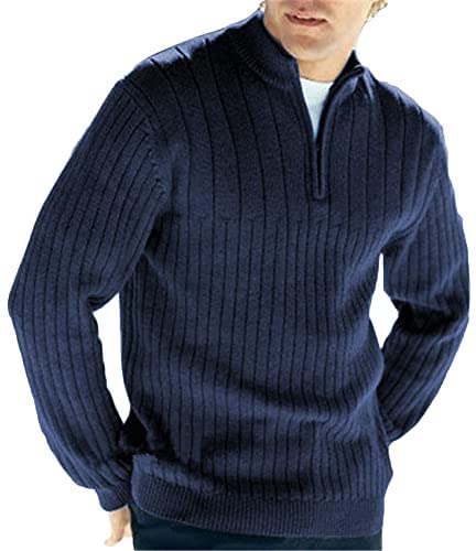 Mens Quarter Zip Up Sweaters Turtleneck Plain Knitted Pullover Casual Ribbed Chunky Fall Winter Polo
