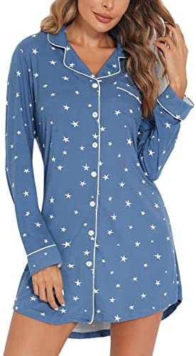 Pajama Nightgown for Women Short/Long Sleeve Button Down Nightwear Top Boyfriend Sleep Shirts Nightdress S-XXL