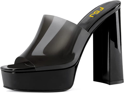 FSJ Women Summer Open Toe Chunky High Heels Platform Slipper Square Toe Mule Casual Slip on Dress Sandals Slide Backless Bridal Party Outfit Shoes Size 4-15 US