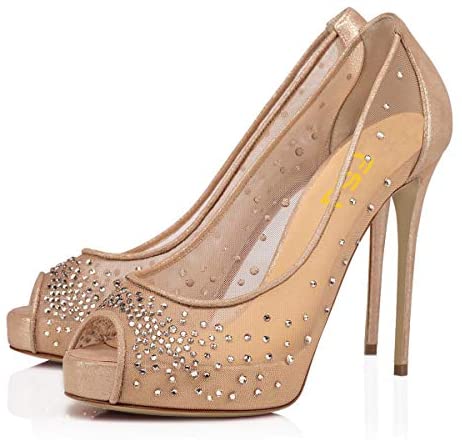 FSJ Women Sexy Peep Toe Pumps Mesh Upper with Rhinestones Decor Stiletto High Heels Slip On Evening Bridal Party Dress Shoes Size 4-15 US