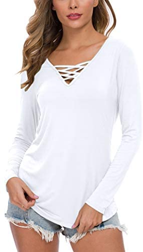 WNEEDU Women's Casual Long Sleeve T-Shirt Criss Cross V-Neck Basic Tees Tops
