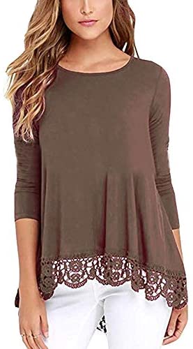 Women's O Neck Long Short Sleeve Solid Blouses Lace Trim A Line Shirts