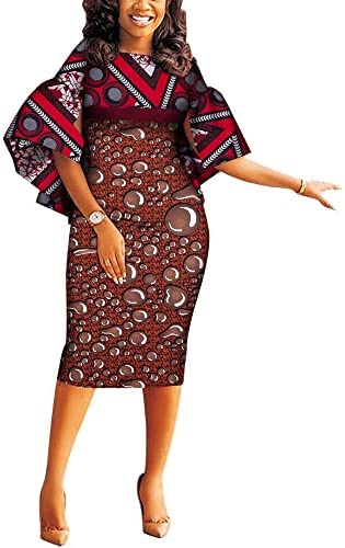 Women African Dashiki Dresses Traditional Print Patchwork Knee Length Dress for Lady