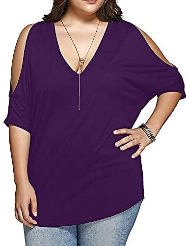 Women Plus Size Tops V Neck Short Sleeve Batwing Top Cold Shoulder T Shirt