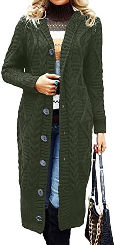 Dyexces Womens Sweaters Cardigan Long Hooded Button Open Front Sweater Cable Knit Casual Coat with Pockets