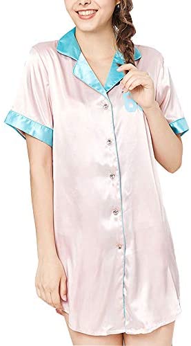 Women's Summer Short Sleeve Silk V Neck Nightdress Button Down Printed Nightgown
