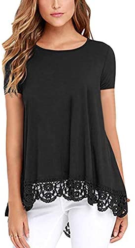 Women's O Neck Long Short Sleeve Solid Blouses Lace Trim A Line Shirts