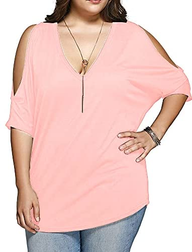Women Plus Size Tops V Neck Short Sleeve Batwing Top Cold Shoulder T Shirt