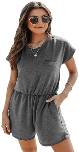Dyexces Womens Crew Neck Rompers Summer Shorts Loose Tie Short Sleeve Stretch Waist Rompers with Pockets