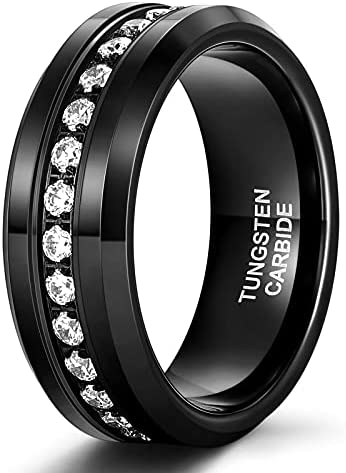 8mm Mens Tungsten Wedding Bands with Cubic Zirconia Eternity Ring CZ Inlaid High Polish Size 7-13