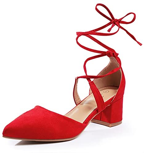 Heel The World Women's Pointed Toe Dress Pumps Lace Up Low Block Heels