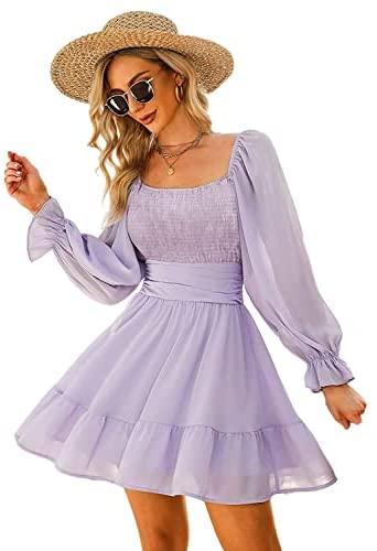 Women Elastic Smocked Bust Tie Back Long Puff Sleeve Square Neck Ruffle Dress A-line Casual Mini Dress