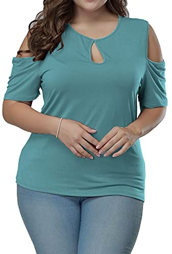 Women's Plus Size Top Keyhole Front Short Sleeve Cold Shoulder T Shirt