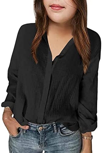 Girls Casual Long Sleeve Button Down Shirts Dress V Neck Tops Loose Soft Tunic Blouse