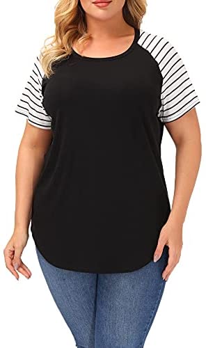 Plus Size Tops Women Stripe Short Sleeve Summer Casual Raglan T Shirts