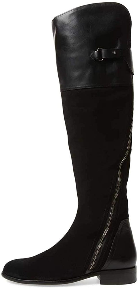 FSJ Women Fashion Riding Knee High Long Boots Round Toe Low Chunky Heels Winter Shoe 15 Black