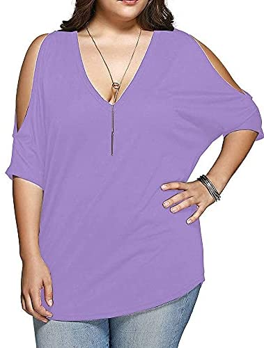Women Plus Size Tops V Neck Short Sleeve Batwing Top Cold Shoulder T Shirt