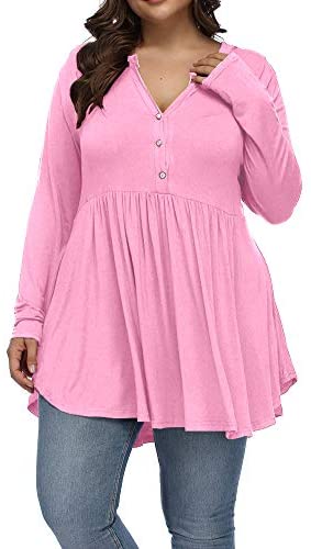 Women's Plus Size Henley V Neck Button Tunic Tops Long sleeve Swing Flowy Shirts
