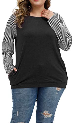 Plus Size Tops Women Casual Long Sleeve T Shirts Stripe Loose Blouses with Pocket