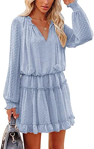 Womens Flowy Mini Swing Dress Casual Loose Long Sleeve V Neck Ruffle Tiered Swiss Dot Chiffon Short Dress