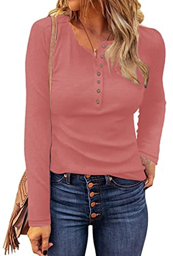 WNEEDU Women's Waffle Knit Tops Casual Long Sleeve Blouses Slim Fit Button Down V Neck Henley Shirts