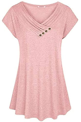 Women's Pullover Solid Short Bat Sleeve Blouses V Neck Big Swing Plain Shirts