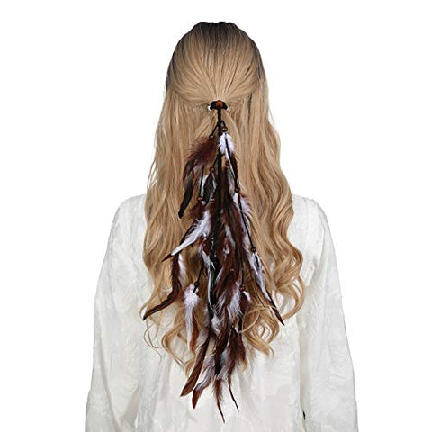 Hippie Feather Extension Hair Ties - AWAYTR Boho Feather Crown Elastic Gypsy Festival Headband Indian Hair Accessories 1970s (White + dark brown)