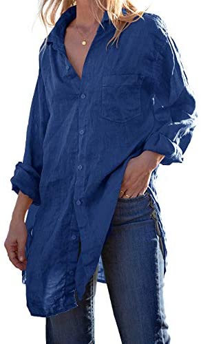 Karlywindow Womens Button Down Tunic Shirts Cotton Linen Long Sleeve Work Blouse Loose Casual Beach Cover Up Shirt