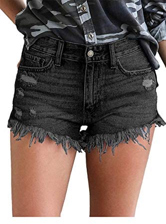 Women's Side Slit Distressed Ripped Slim Casual Mid Waisted Denim Shorts