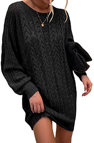 Women's Fashion Bat Long Sleeves Sweater Dress Hollow Cable Knitted Loose Pullover Autumn Dresses
