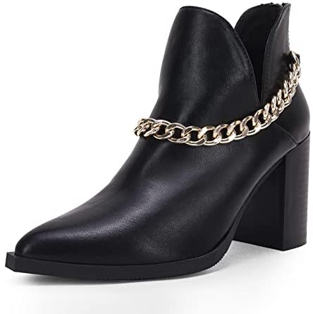 Womens V Cut Out Ankle Boots Chunky Block Back Zipper Booties Pointed Toe Comfortable Shoes with Metal Chain