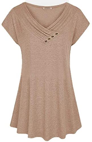 Women's Pullover Solid Short Bat Sleeve Blouses V Neck Big Swing Plain Shirts