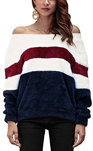 Women's Loose Fit Sweatshirt Striped Long Sleeve Color Block Fuzzy Sweaters