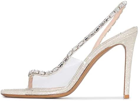 FSJ Women Sexy Open Square Toe Transparent Sandals High Stiletto Heel Rhinestones Strap Slingback Pumps Party Date Shoes