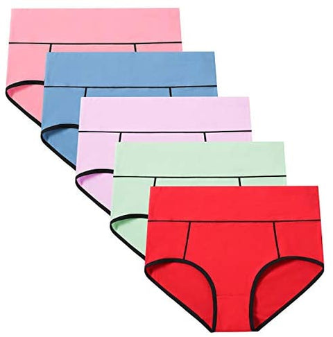 POKARLA Women's High Waisted Cotton Underwear Soft Breathable Panties Stretch Briefs Regular & Plus Size 5-Pack