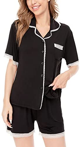 Women's Pajamas Set, Short Sleeve Sleepwear Lace Hem Pj Lounge Sets Nightwear Pajamas for Women S-XL